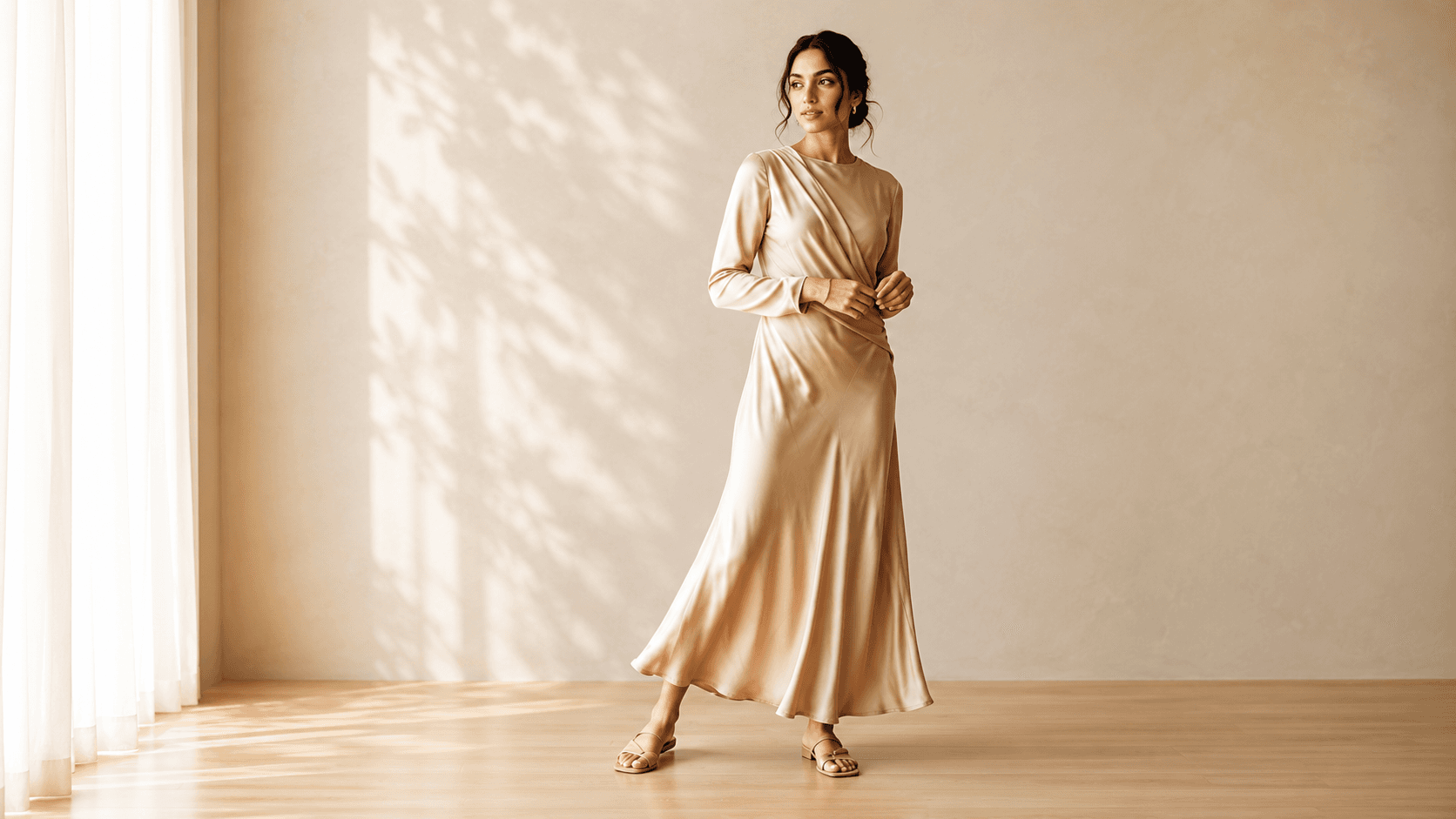 An elegant portrait in soft natural light showcasing a minimalist outfit.