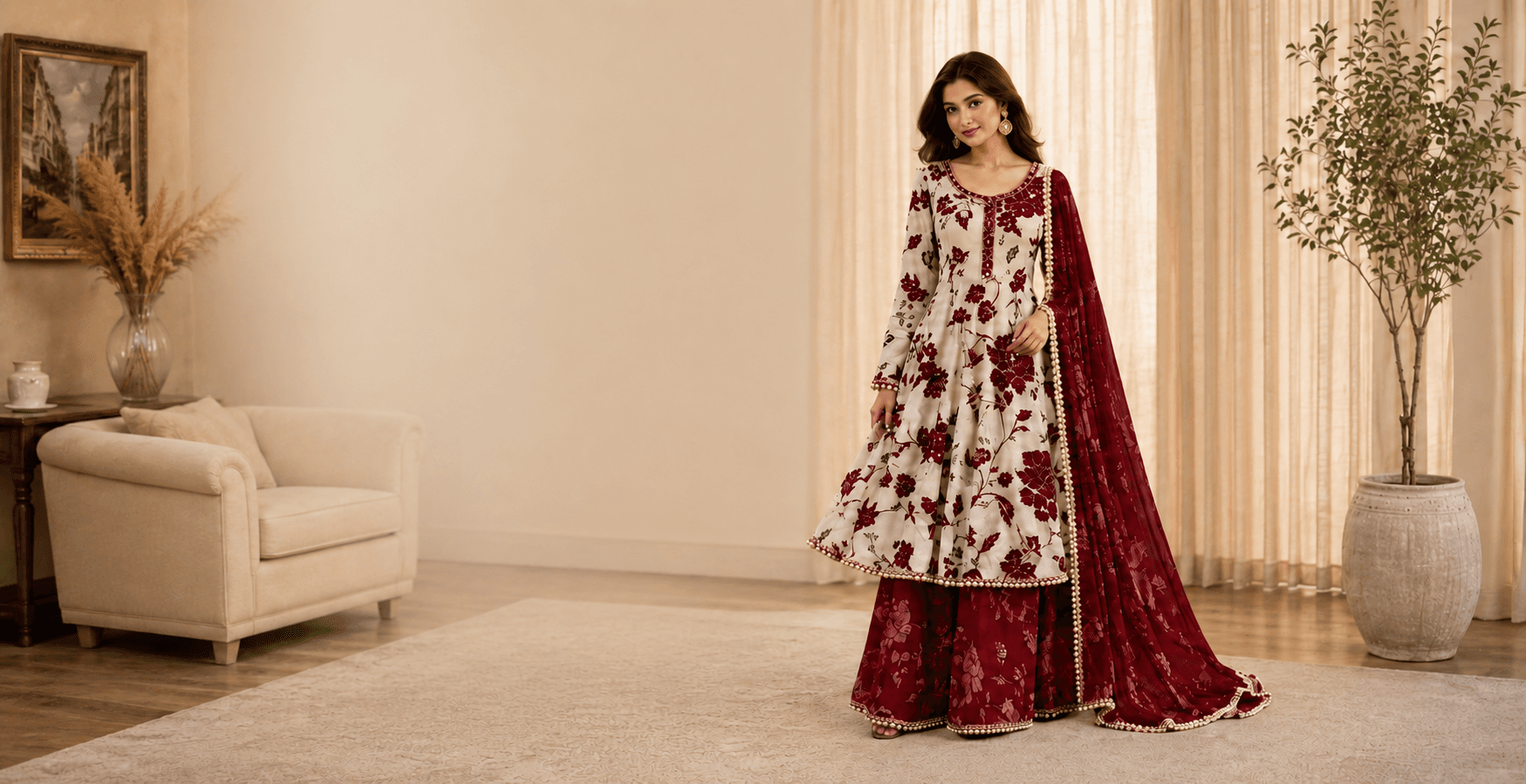 A model wearing the Golap Gown Three Piece in soft studio light.